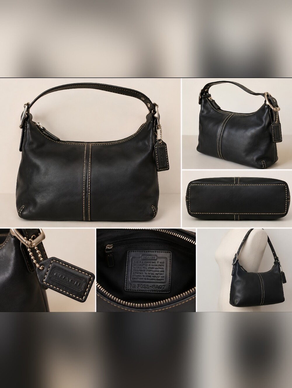 Coach Black Leather Shoulder Hobo with Cream Contrast Stitching